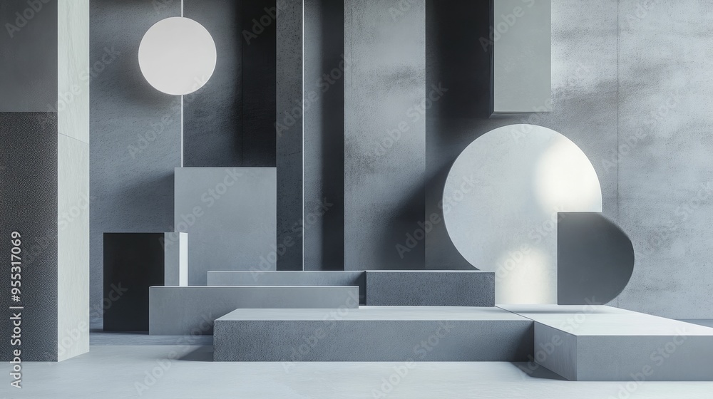 Poster composition of geometric shapes in gray tones featuring 3d rendering