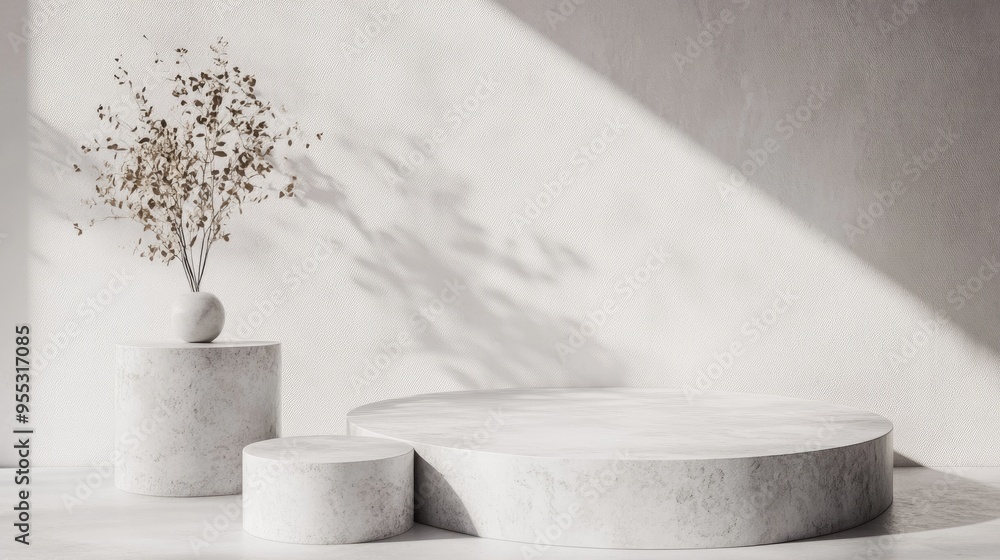 Aufkleber abstract minimalistic scene featuring geometric concrete pedestals on a white background designed fo