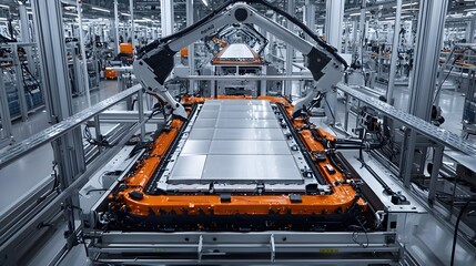 Futuristic Industrial Robotic Factory Automation Production Line in Modern Warehouse