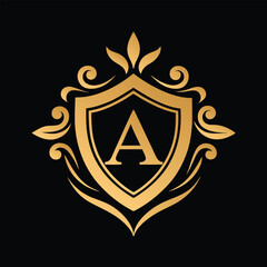 Obraz premium Luxurious golden monogram vector with shield and filigree for high-end branding design.