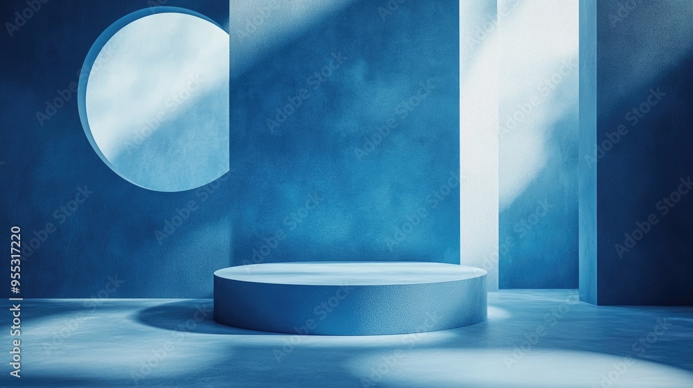 Poster minimalist podium scene with an abstract blue backdrop and geometric shapes 3d rendering