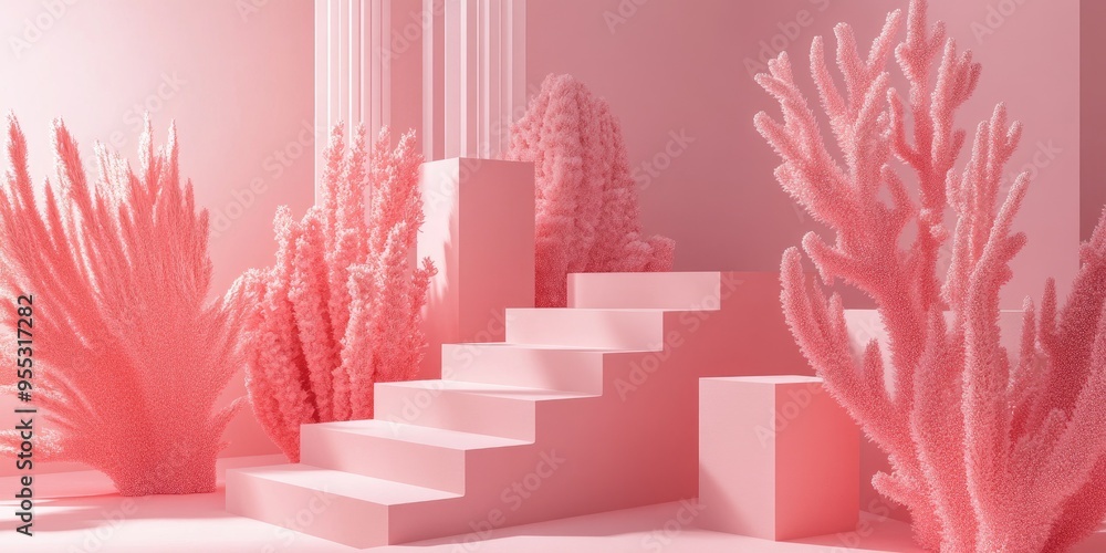 Aufkleber Abstract background featuring pink coral shapes with minimalistic boxes and geometric podiums A scene showcasing stairs and geometric forms creating an empty display for cosmetic product presentat