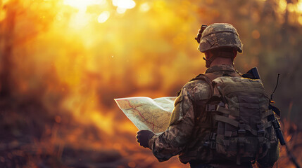 A soldier wearing a uniform and holding a realistic map. 