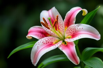 Obraz premium Lilies, with pollen-covered stamens, intricate details invite closer inspection of their delicate structure