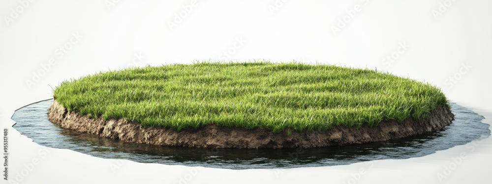 Poster fantasy 3d rendering of a circular podium in a grassy field with a river featuring a surreal illustr