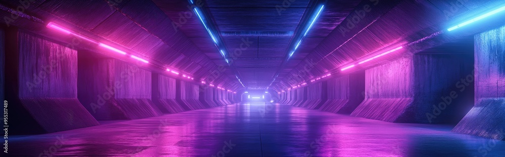 Poster large retro futuristic sci fi hangar with neon lights and laser effects in purple and blue featuring