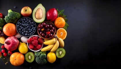 Top view of fresh delicious various kinds of healthy fruits  on the Dark black  abstract background with Copy Space, World Food Day concepts