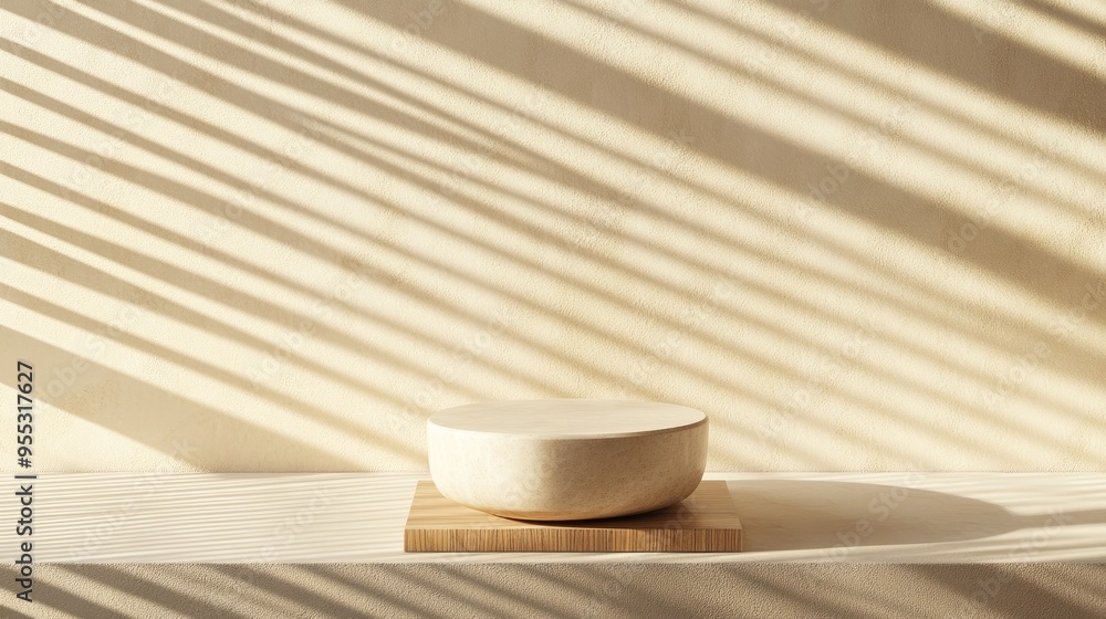 Poster Cosmetic product presentation template featuring an object display on a beige geometric abstract block podium with shadows created by textured wall window blinds in a 3D rendering