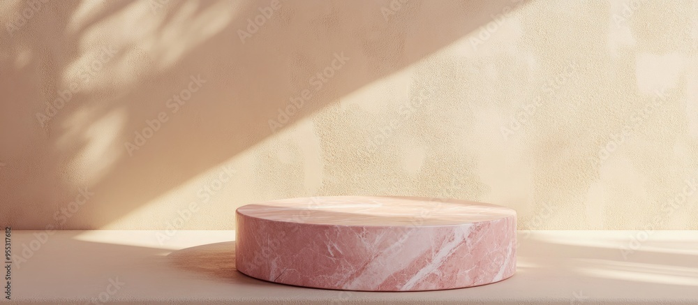 Poster Minimal cream background with a pink marble cube podium in 3D rendering