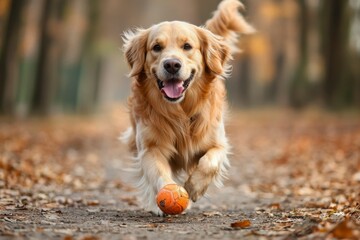 Golden Retriever Running with a Ball in Autumn Forest