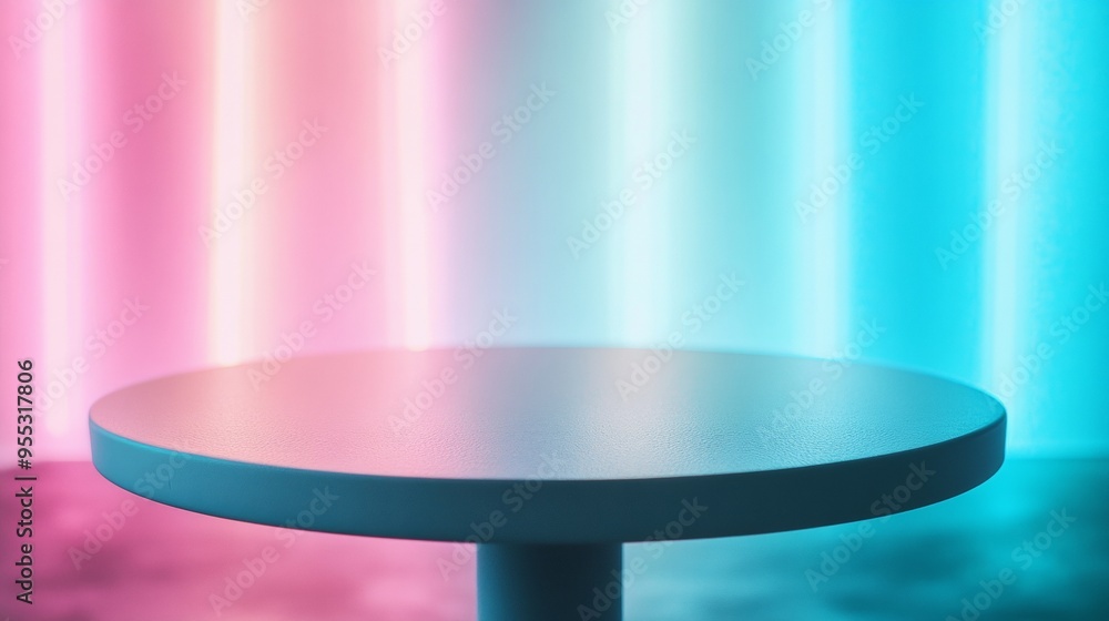 Aufkleber neon blue matte table surface with blurred soccer field background and soft stadium lights in vibran