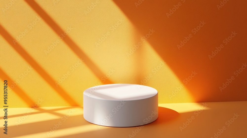 Aufkleber Simple minimal 3D render featuring a white cylinder podium on an abstract bright orange background with shadows ideal for product presentation