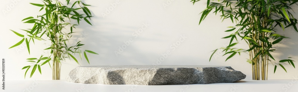 Poster Stone display podium adorned with bamboo leaves on a white background 3D rendering