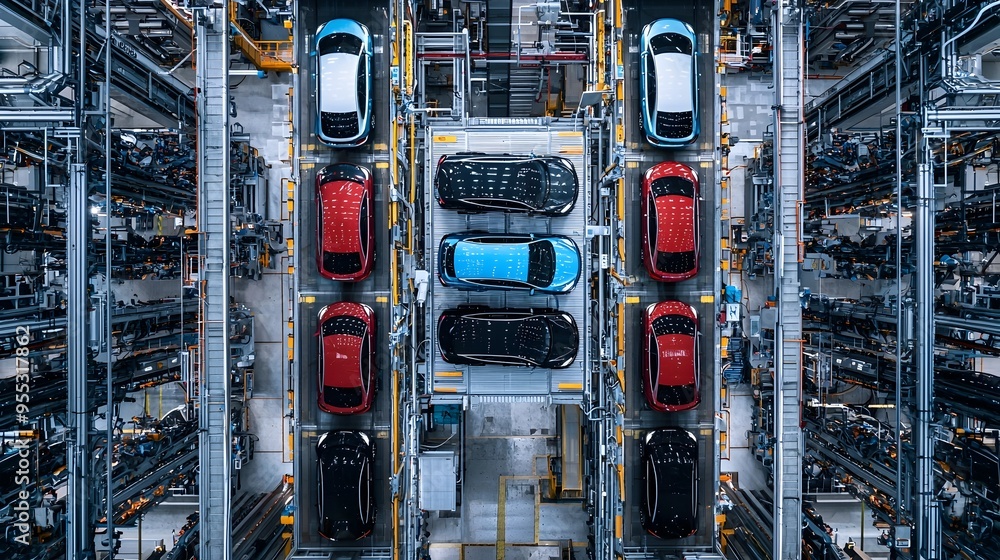 Poster efficient automotive assembly line with advanced robotic technology in modern factory warehouse