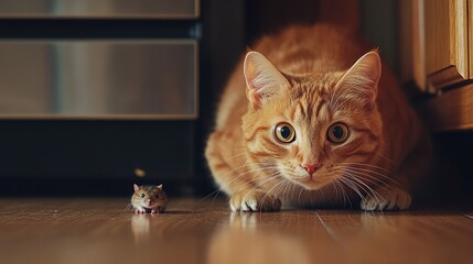 A ginger cat with sharp eyes, crouching and stalking a mouse on the kitchen floor, ready to pounce.
