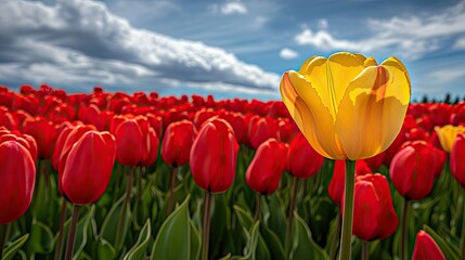 A yellow tulip in full bloom, surrounded by a sea of red tulips, captured in a wide-angle view of the field.