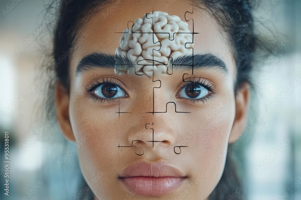 Aufkleber cognitive enhancement neuroimaging close up of a woman’s face with a puzzle piece brain symbolizing 