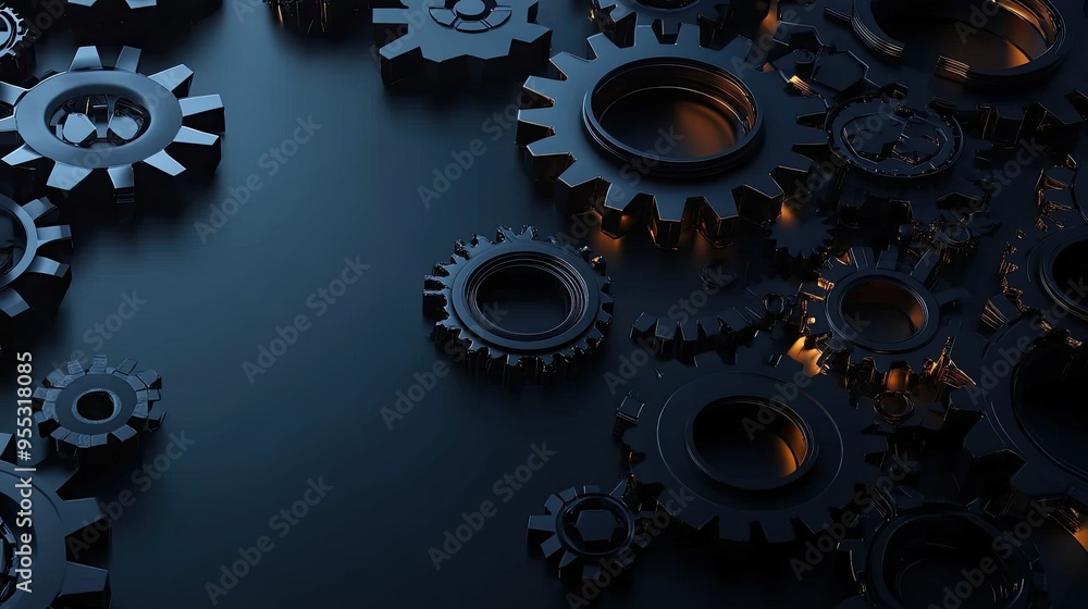 Aufkleber abstract 3d gears interlocking on a deep black background, glowing with subtle highlights and shadow