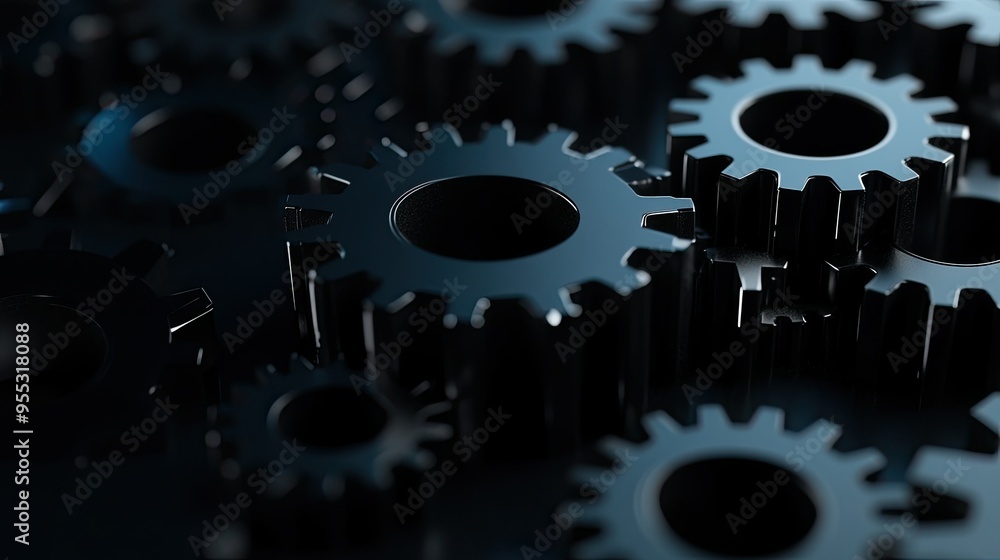 Poster abstract 3d gears interlocking on a deep black background, glowing with subtle highlights and shadow