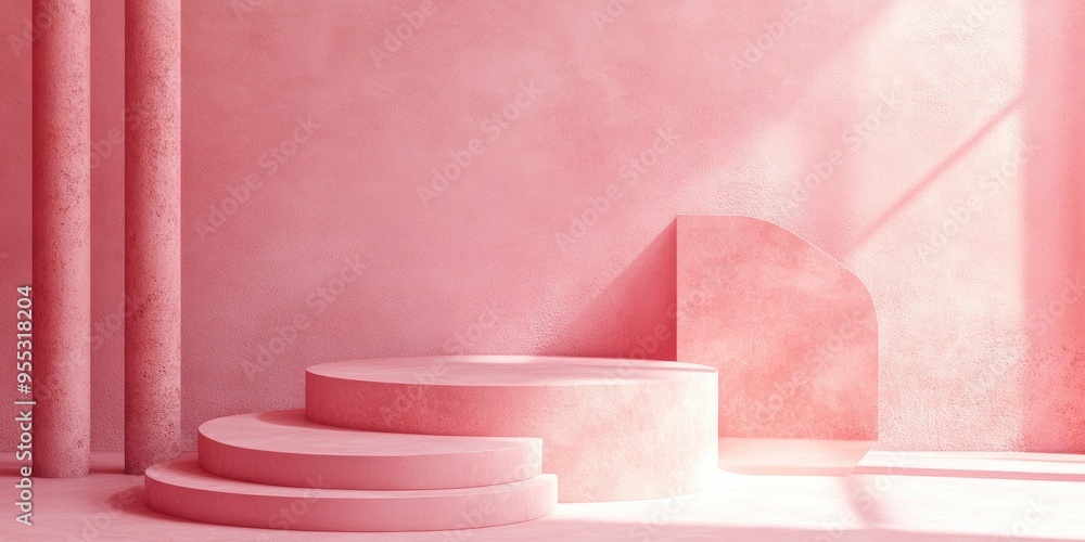 Poster empty podium with geometric shapes in a pink pastel composition for a contemporary stage display and