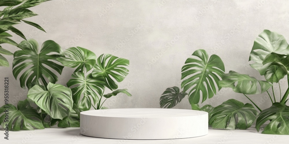 Aufkleber white podium for product display featuring a monstera leaf 3d rendering