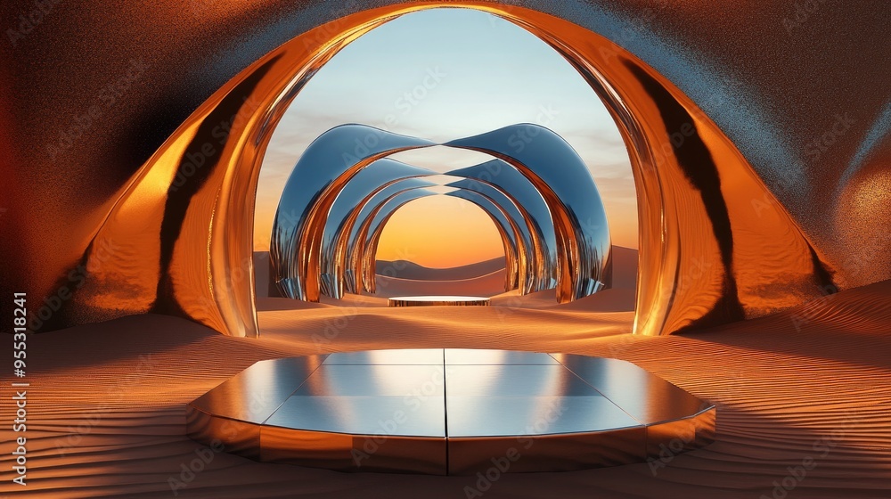 Poster Abstract sand dune cliffs featuring a metallic podium platform Surreal desert landscape backdrop with glossy metallic arches in a geometric design 3D rendering