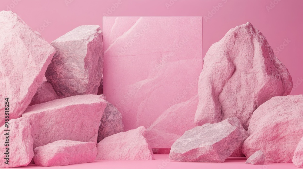 Poster Abstract pink geometric background with stone and rock shapes minimalist mockup for display or showcase 3D rendering