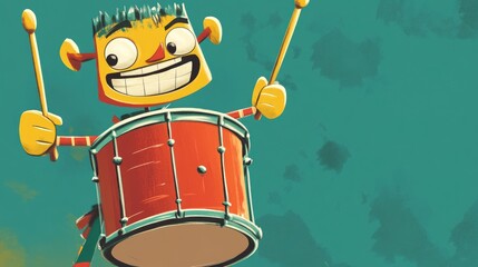 2D illustration of a whimsical cartoon character playing a timpani drum