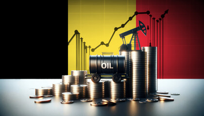 Stacks of coins with oil barrels and a pumpjack against the Belgium flag, symbolizing the economic impact of the oil industry on economy and financial markets.