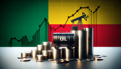 Stacks of coins with oil barrels and a pumpjack against the Benin flag, symbolizing the economic impact of the oil industry on economy and financial markets.