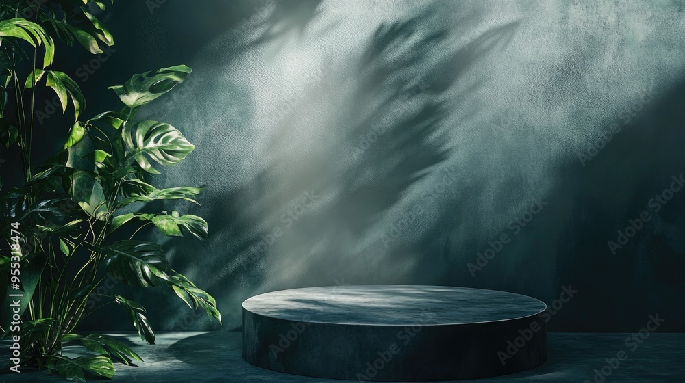 Aufkleber minimal abstract summer backdrop featuring a 3d dark green concrete podium illuminated by lights and