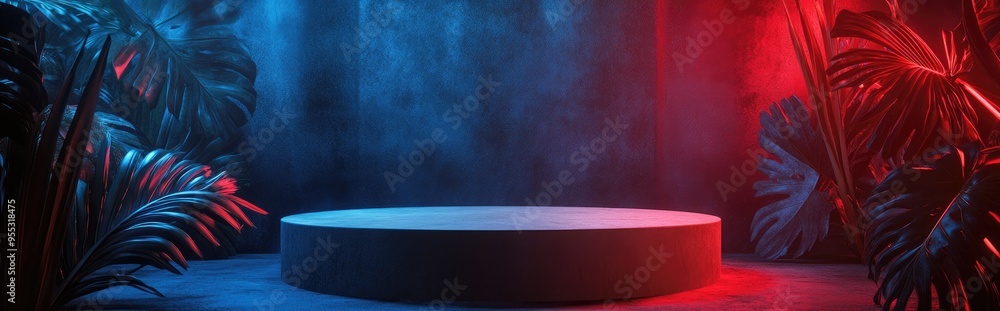 Poster stone podium display featuring shadowed natural leaves against a brown backdrop 3d rendering