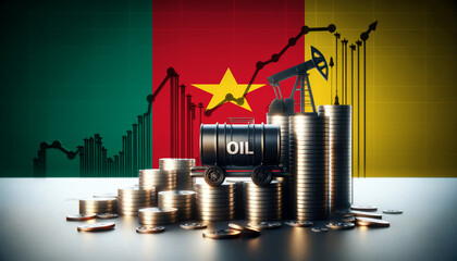 Stacks of coins with oil barrels and a pumpjack against the Cameroon flag, symbolizing the economic impact of the oil industry on economy and financial markets.
