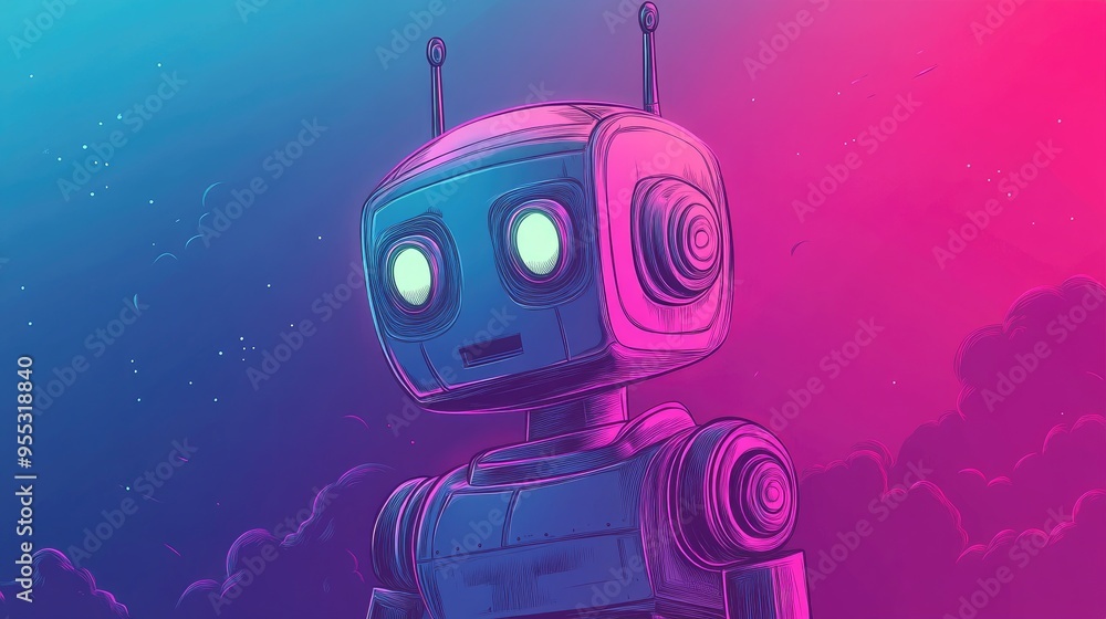 Poster dynamic gradient line illustration of a whimsical robot character