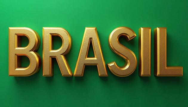 Brasil 3D. Palavra Brasil em letras ouro 3D. Brasil em letras douradas. Fundo verde.