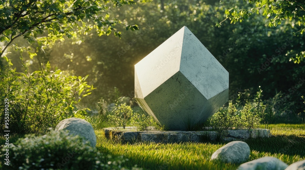 Poster minimalistic 3d rendering of a geometric shape in a natural green setting illustration