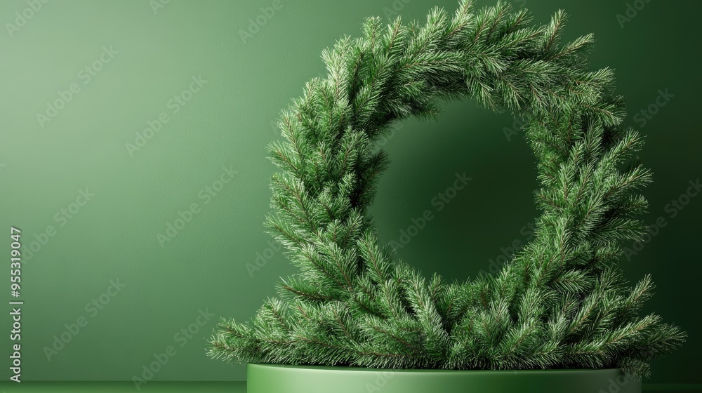 Poster festive podium display featuring a christmas wreath with fir branches 3d rendering 3d illustration