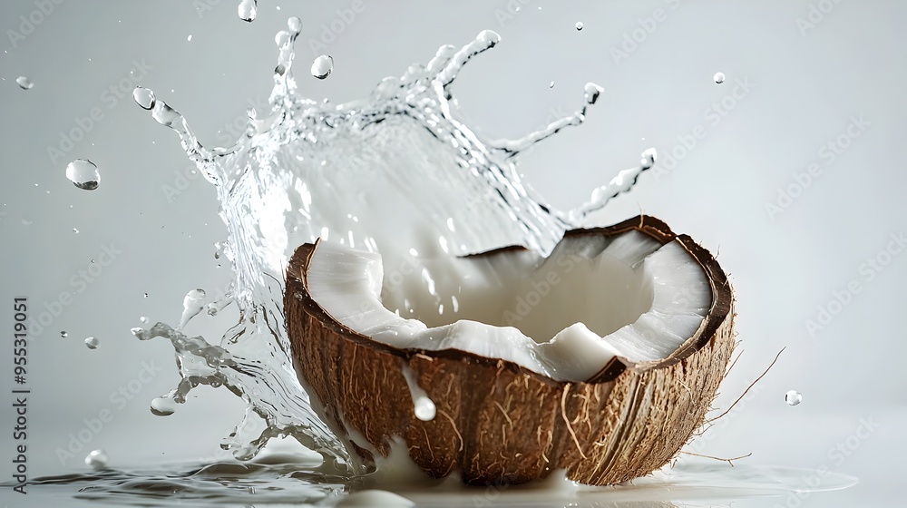 Poster splashing coconut water with ice cubes in studio setting