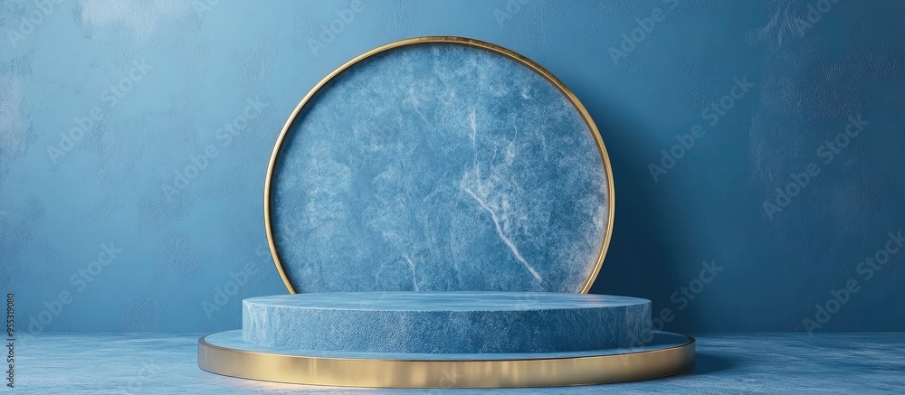 Poster Blue cylindrical podium with a gold border and circular accent on a blue background Abstract minimalist 3D geometric object for product display 3D rendering