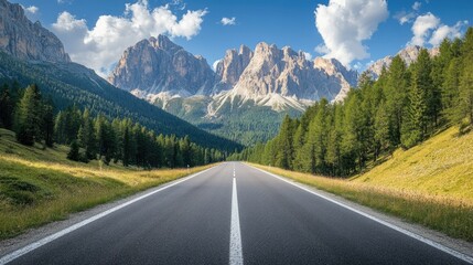 An empty country road winding through Venegia Valley, surrounded by high-altitude dolomite peaks.