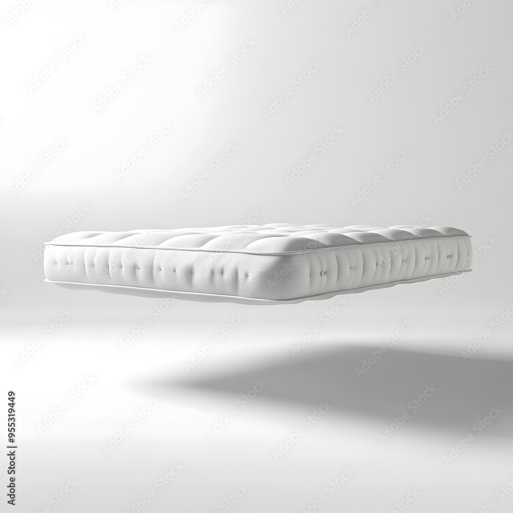 Poster floating memory foam mattress in serene minimalist white setting
