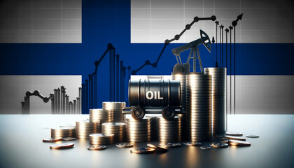 Stacks of coins with oil barrels and a pumpjack against the Finland flag, symbolizing the economic impact of the oil industry on economy and financial markets.