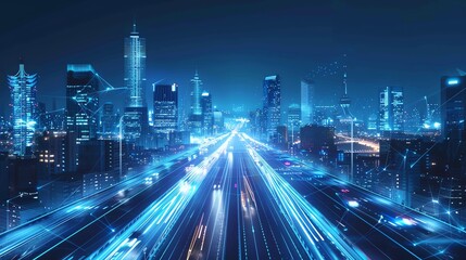 Obraz premium Digital highway with glowing blue lights in a futuristic city