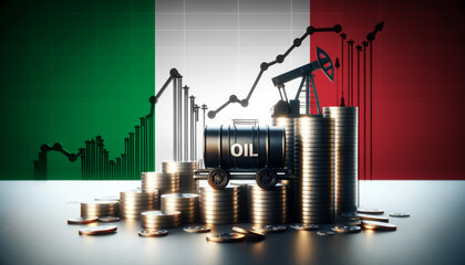 Stacks of coins with oil barrels and a pumpjack against the Italy flag, symbolizing the economic impact of the oil industry on economy and financial markets.