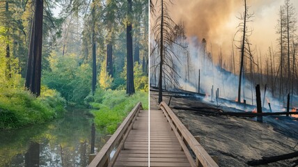 Fototapeta premium Split image showing a lush green forest on the left and raging forest fire on the right.