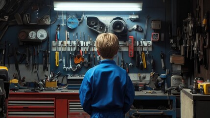 A young boy wearing a blue mechanic's uniform stands with his back turned in a car repair shop, tools hanging on the wall