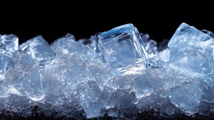 Close-up of crushed ice pieces with glistening surfaces, isolated on a black background, with clipping path