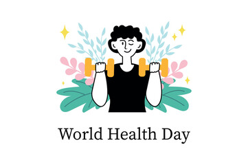 World Health Day linear concept with people scene in the flat cartoon style. Man holding orange dumbbells against a background of green and pink leaves with stars around them. Vector illustration.