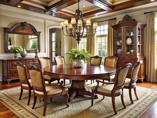 The ornate mahogany dining table and chairs sit regally in a traditional dining room, adorned by a stunning
