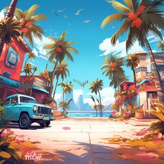 illustration of a tropical beach with palm tree. AI generated
